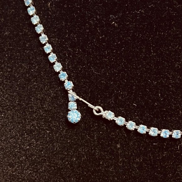 Vintage Silver Tone And Blue Rhinestone Choker Necklace With Clip On Earrings - Picture 5 of 6